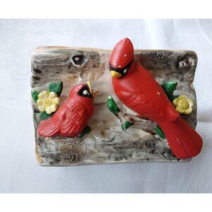 Vintage 1970s Cardinal bird ceramic planter hollow log design no chips or cracks